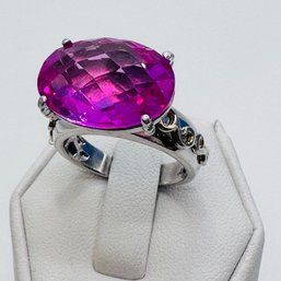 Sterling Silver Statement Ring With Large Pink Colored Stone And Detailed Band Size 8. 9.34 G.