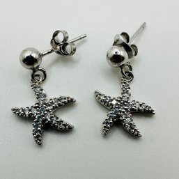 Sterling Silver Starfish, Studs With Clear Stones And Beaded Detail, 1.98 G.