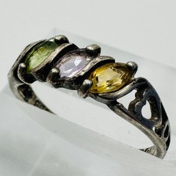 Sterling Silver Band W/ Heart Design & Yellow, Purple, Green Colored Stones And Unknown Markings Size 9. 2.27