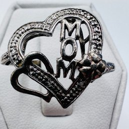 Sterling Silver Heart Mom Ring With Flour And Beaded Detail And Unknown Marking Size 6. 3.20 G.