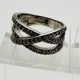 Thailand  NF Sterling Silver Interlocking Band With Clear Stones, Size 7. 4.61 G.