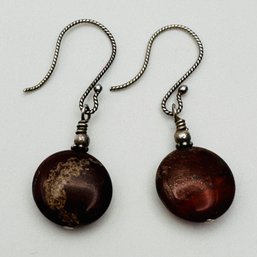 Sterling Silver Dangle Earrings With Reddish Colored Stone In Marble Design, 4.29 G.