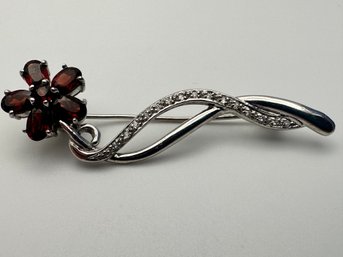 Sterling Silver Flower Pin With Clear Rhinestones And Red Gems 6.06 G.