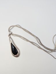 Sterling Three Strand Necklace W/Black Onyx Teardrop Pendant 33.6g