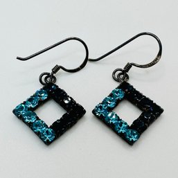 CA Sterling Silver Square, Dangle Earrings With Light And Dark Blue Colored Stones, 1.93 G.