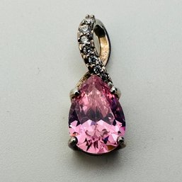 RJ Sterling Silver Teardrop Pendant With Pink Stone And Clear Stone Detail, 1.65 G.
