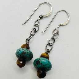 Sterling Silver Dangle Earring With Amber And Turquoise Stones, 2.13 G.