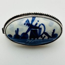 Signed Driftbeautiful, Blue And White Scene On Vintage Pin 3.10 G.