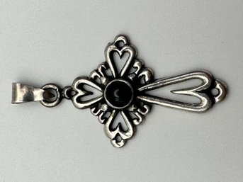Sterling Silver Cross Pendant With Hearts And Black Gem, 3.72 G.