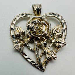 Gold Colored, Sterling Silver Heart Shaped Pendant With Rose, Engraved With A Heart And Unknown Letters, 6.01