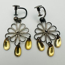 Vintage Chandelier, Style Flower Earrings With Three Yellow Stones And Screw Back 4.44 G.