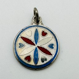 Sterling Silver Circle Pendant With Flower And Heart Design In Red, Blue, Silver Color Engraved H. 2.18 G.