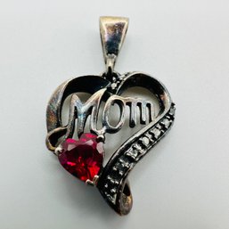 CI-Sterling Silver Momheart Pendant W/ Pink Colored Stone Shaped Like Heart & Clear Stones, 4.19 G.