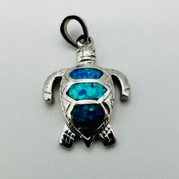 K-Sterling Silver Turtle Pendant With Bluish, Greenish Colored Stone, 3.57 G.