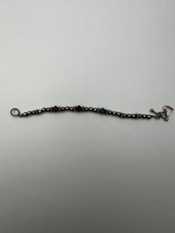 Sterling Heart On Ball Chain Bracelet With Colored Beads And Flowers 6.16g