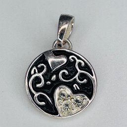 LA, ONYX MARCASITE Sterling Silver Heart Circle Pendant, Engraved 1.86g