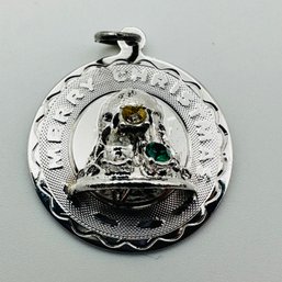 Sterling Silver Circle Pendant W/ Bell & Green, Colored Stone, Merry Christmas & Unknown Markings 3.13 G.