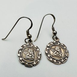 Thailand-sterling Silver Circle Earring With Angel Design, 3.65 G.