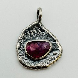 Sterling, Silver Oval Shaped Pendant With Red Colored Stone, 6.66 G.