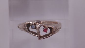 Sterling Mother's Ring With 2 Hearts Aquamarine And Opal Stones 2.9g