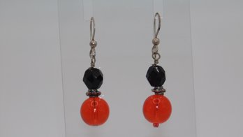 Sterling Orange And Black Beaded Dangle Earrings 4.4g