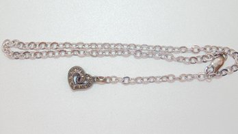 Sterling Cable Chain Ankle Bracelet With Rhinestone Heart Pendant 4.7g