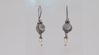 Sterling Smokey Stone And Bead Dangle Earrings 2.6g