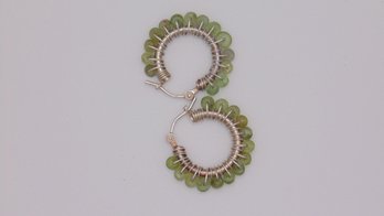 Sterling Green Beaded Hoop Earrings 2.9g