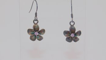 Sterling Flower With Pink Stone Dangle Earrings 1.6g