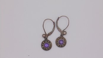 Sterling Purple And Yellow Gemstones Lever Back Dangle Earrings 2.7g