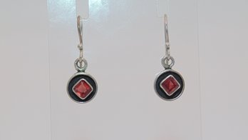 Sterling Red Gem With Black Back Dangle Earrings 2.5g