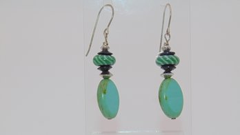 Sterling Green Glass Bead And Turquoise Dangle Earring 7.2g