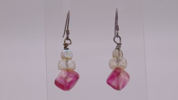 Sterling Pink And Clear Beads Dangle Earrings 4.0g