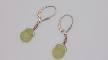 Sterling Light Green Bead Dangle Lever Back Earrings 2.6g