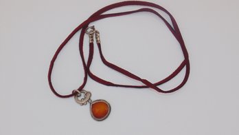 Leather Necklace With Sterling Orange Stone Pendant 6.6g