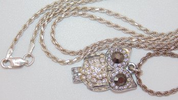 Sterling Rope Chain Necklace With Clear And Marc Owl Pendant 12.1g