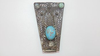 Sterling  Gray Kingsburg Filigree Turquoise Sweater Clip 22.7g