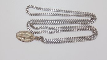 Sterling Curb Chain Necklace With Religious Figure Pendant 12g