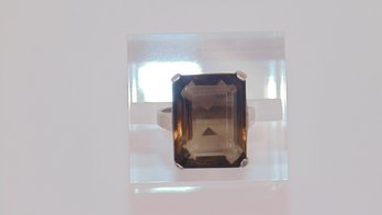 Sterling Smokey Rectangular Crystal Statement Ring 7.3g Size 6