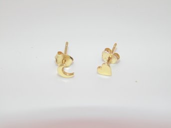 Gold Over Silver Stud Crescent Moon And Heart Earrings 0.2g