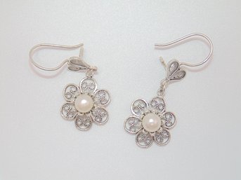 Sterling Flower Pearl Earrings 6.6g