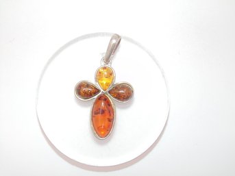 Sterling Amber Cross Pendant 3.6g