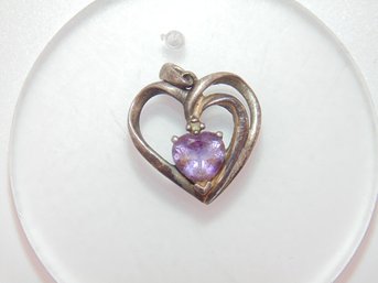 Sterling 14k Heart W/ Purple Heart Stone Pendant 2.6g