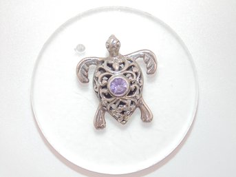 Sterling Scroll Work Detailed Turtle W/ Purple Stone Pendant 4.1g