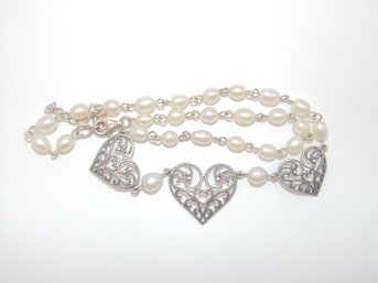 Sterling 3 Scroll Work Hearts W/ Real Pearls 16.3