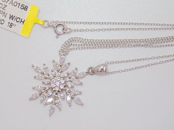 Sterling CZ Snow Flake Pendant With Cable Chain Necklace 4.4g