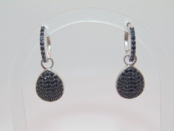 Sterling Silver Dangle Hoop Earrings With Black Stones 5.5g