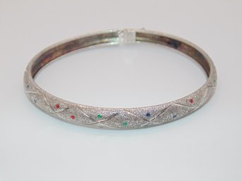 Sterling Red, Blue, Green Rhinestones Sparkly Latch Bangle Bracelet 10.6