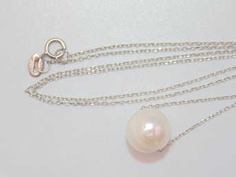 Sterling Curb Chain Necklace With Fake Pearl Bead 2.1g