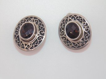 Sterling Brown Stone With Scroll Work Clip On Earrings 18.6g